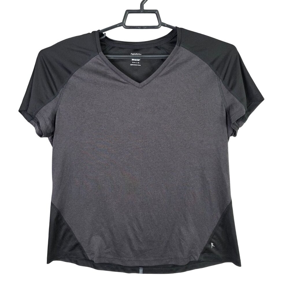 Womens Danskin Now Dri More Gray & Black T Shirt V Neck Short Sleeve Size XL